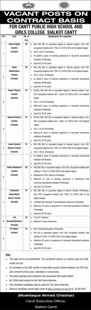 Latest Cantt Public High School and Girls College Jobs