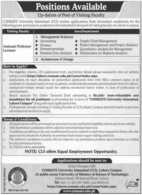 Latest Comsats University Education Jobs Lahore