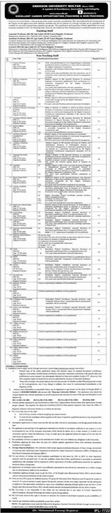 Latest Emerson University Multan Education Jobs