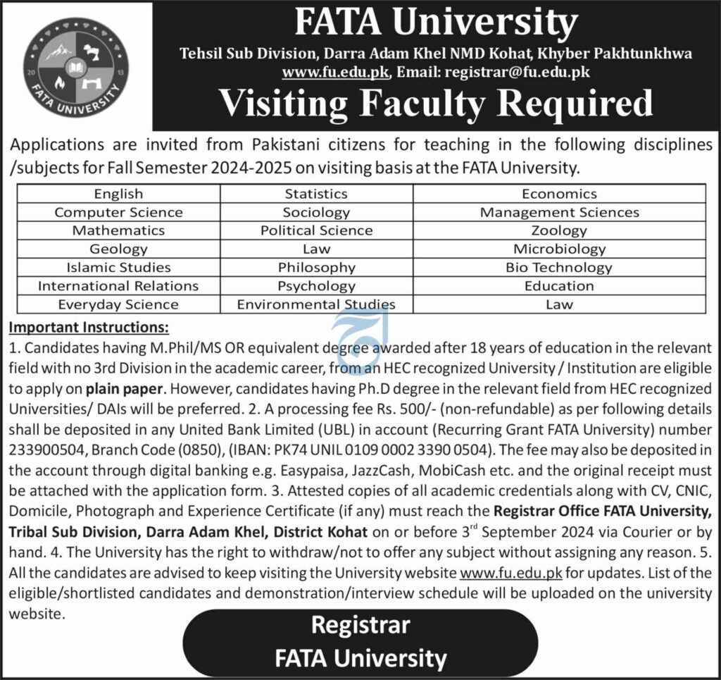 Latest Fata University Education Jobs Kohat