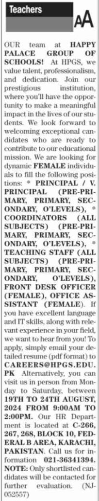 Latest Happy Palace Group of Schools Teaching Jobs