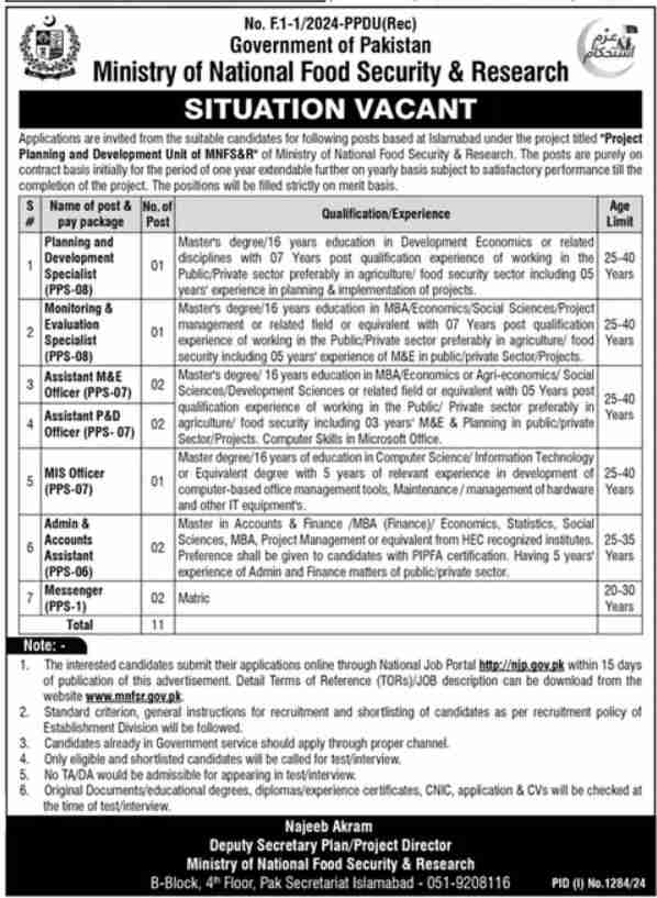 New Ministry Of National Food Security Jobs