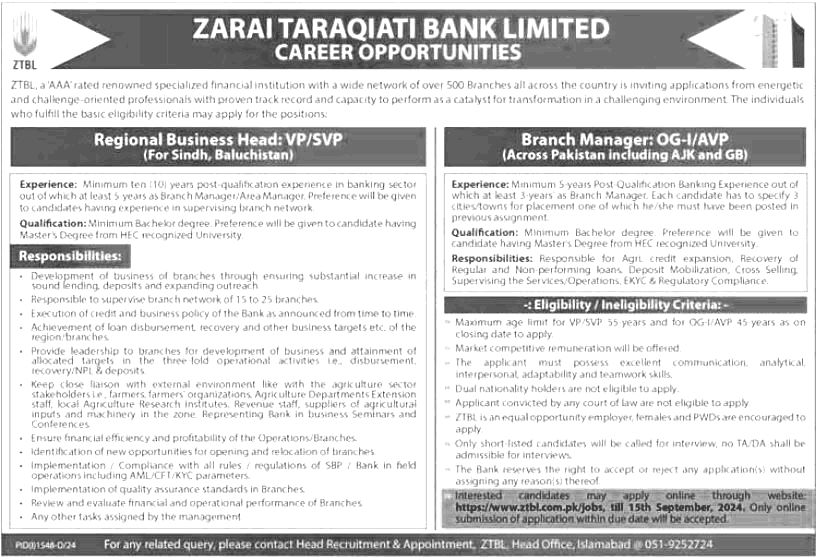 Business Head And Branch Manager Jobs in ZTBL