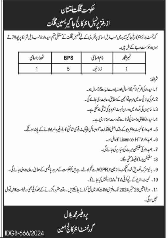 Driving Jobs at Govt Boys Inter College Gilgit