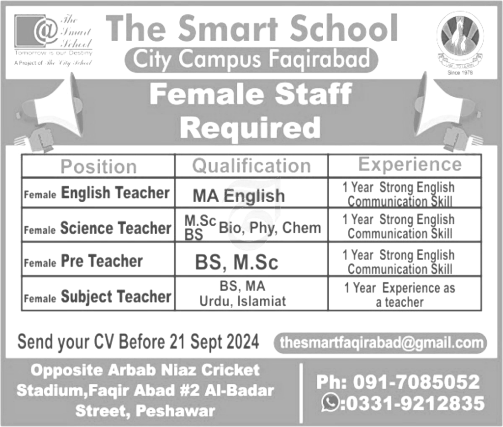 Female Teaching Jobs in Peshawar at Smart School