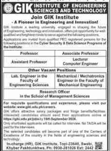 GIK Institute of Engineering Teaching Jobs Swabi