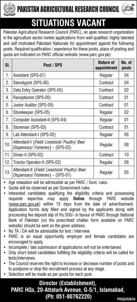 Latest Pakistan Agricultural Research Council Jobs