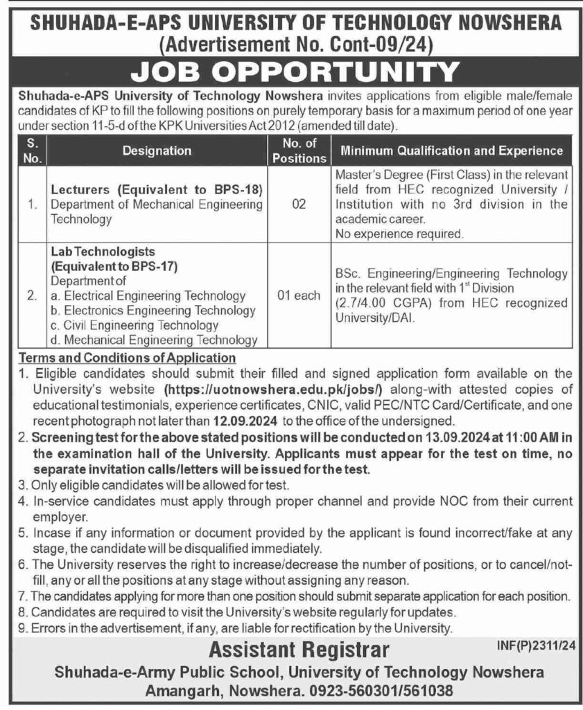 Shuhada E APS University of Technology Jobs 2024