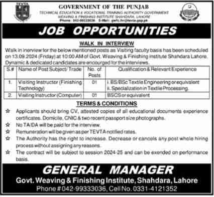 Visiting Instructor Jobs at TEVTA in Lahore