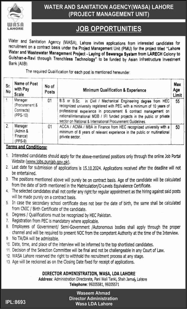 Water and Sanitation Agency Jobs Lahore