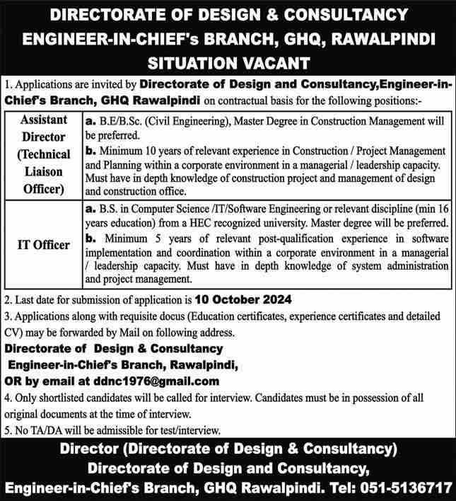 Assistant Director Jobs At GHQ In Rawalpindi