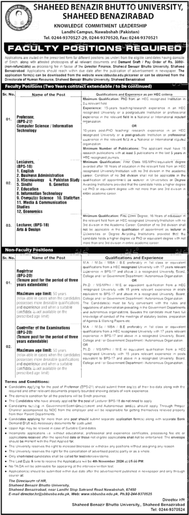 Latest Benazir Bhutto University Jobs Nawabshah