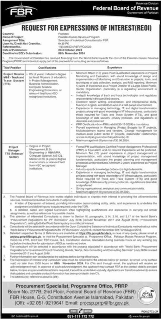 Latest Consultant Jobs At FBR In Islamabad