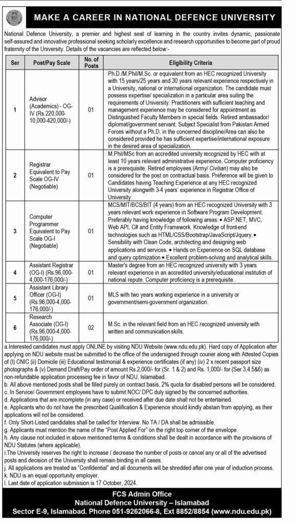 Latest National Defence University Jobs Islamabad