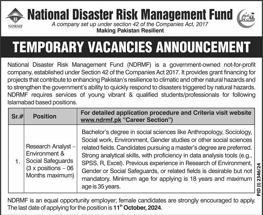 Latest National Disaster Risk Research Jobs Islamabad