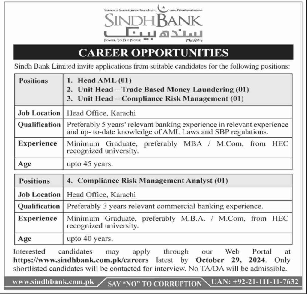 Latest Sindh Bank Limited Jobs Karachi