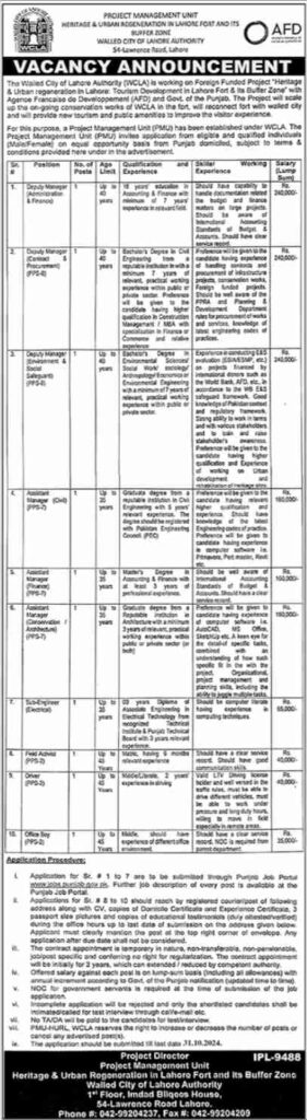 Latest Walled City of Lahore Authority Jobs Lahore