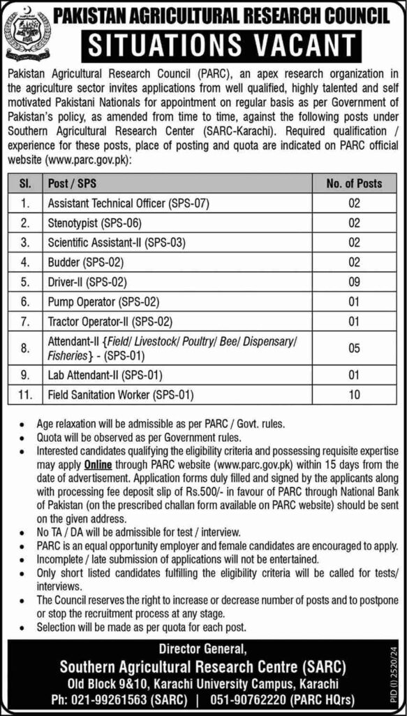 Pakistan Agriculture Research Council Jobs Karachi