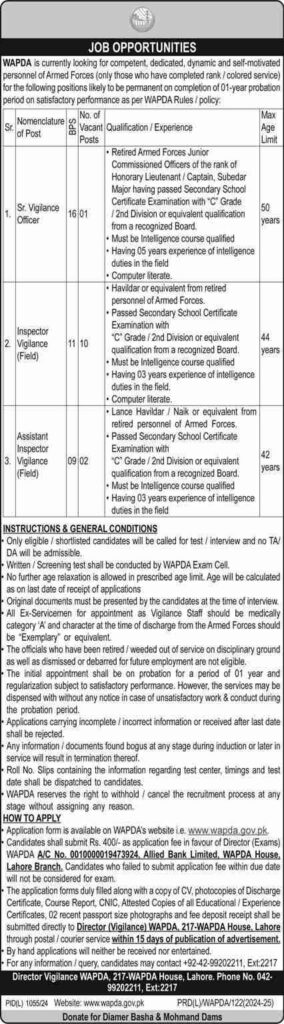 Inspector Vigilance Field Jobs At WAPDA In Lahore