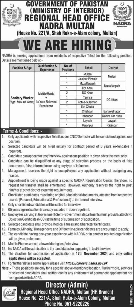 Latest NADRA Labor Jobs In Multan