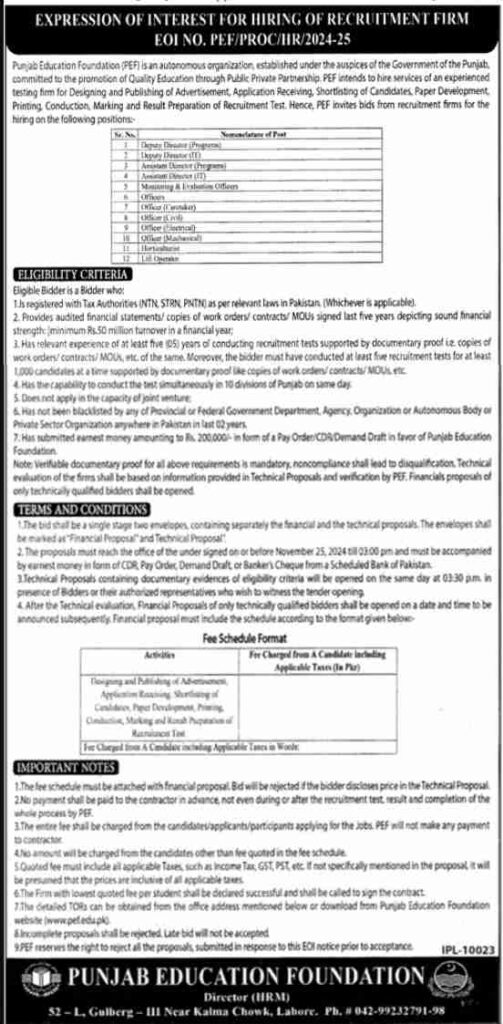 Punjab Education Foundation Jobs Lahore