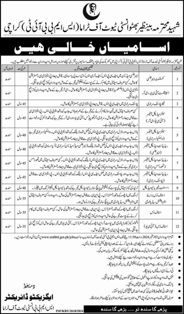 Latest Benazir Institute Of Trauma Jobs Karachi