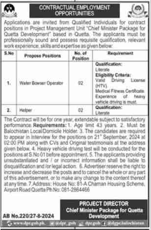 Latest Chief Minister Package for Quetta Jobs