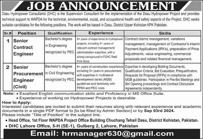 Latest Dasu Hydropower Consultants Jobs Lahore