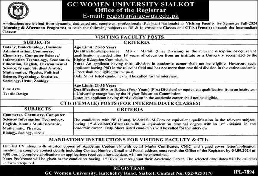 Latest GC Women University Education Jobs