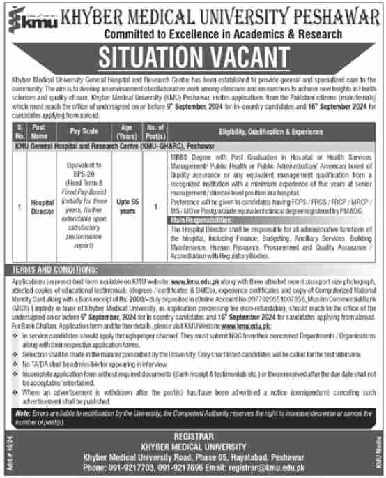 Latest Khyber Medical University Peshawar Jobs