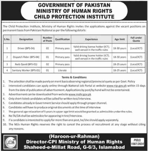 Latest Ministry of Human Rights Labor Jobs Islamabad