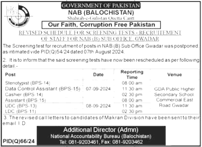 Latest National Accountability Bureau Jobs Quetta