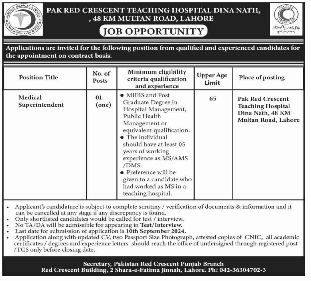 Latest Pakistan Red Crescent Jobs Lahore