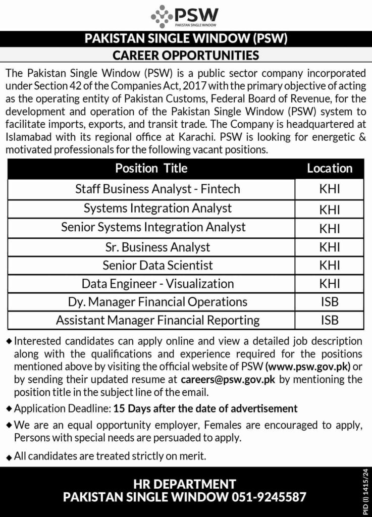 Latest Pakistan Single Window Jobs Islamabad