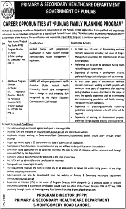 Latest Punjab Family Planning Programm Jobs