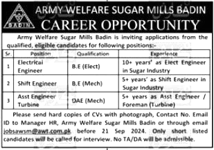 Army Welfare Sugar Mills Jobs Badin