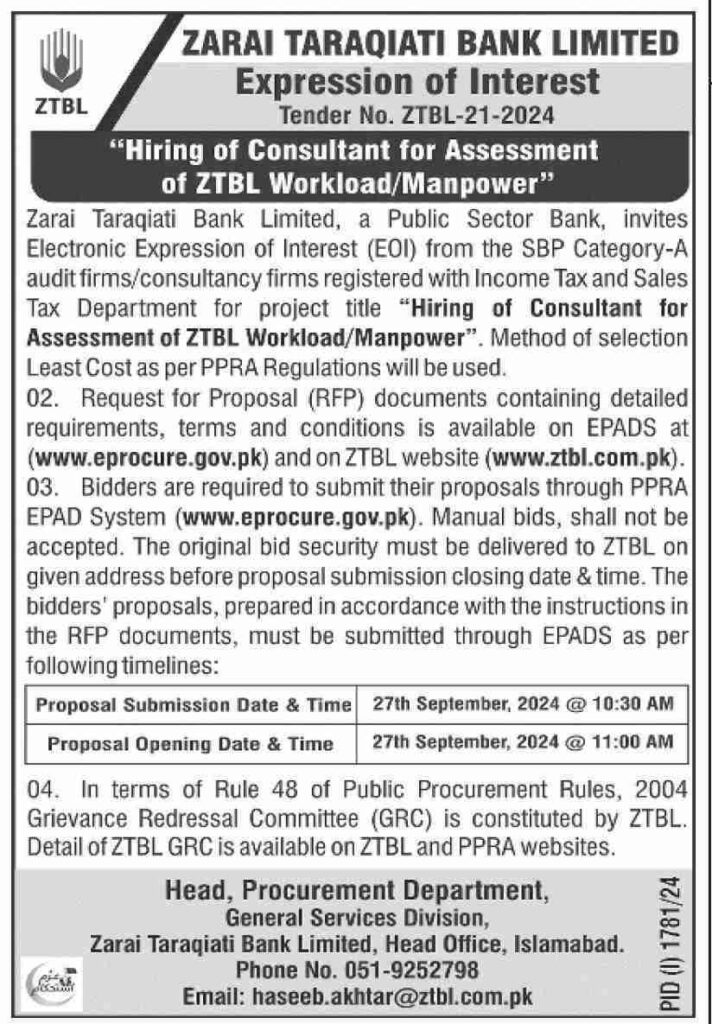 Consultant Jobs At ZTBL In Islamabad