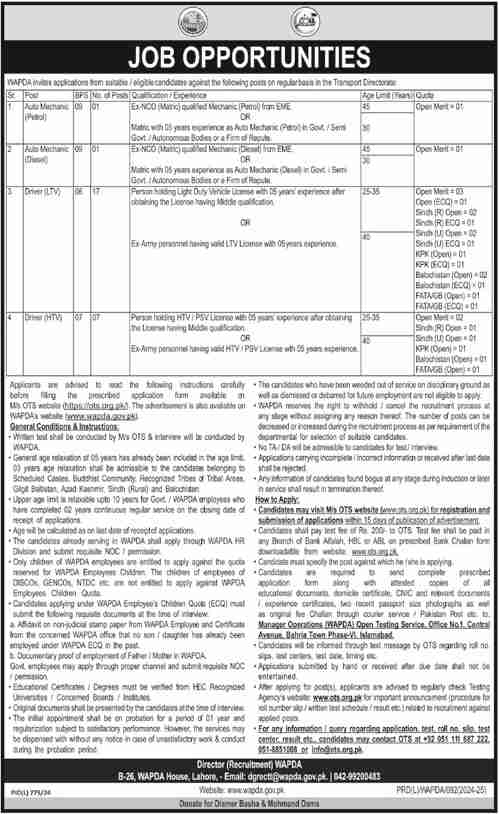 Driving Jobs at WAPDA in Lahore