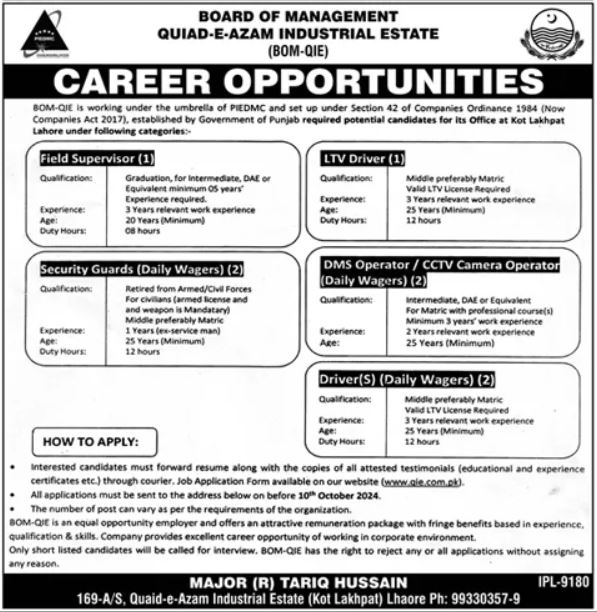 Latest Quaid e Azam Industrial Estate Jobs In Lahore