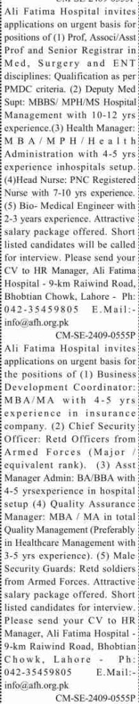 Medical Jobs At Ali Fatima Hospital In Lahore