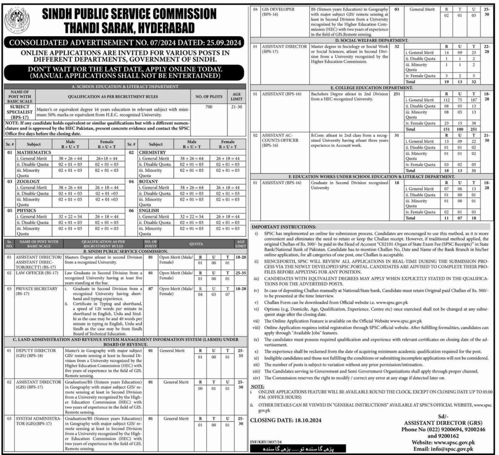 SPSC Sindh Public Service Commission Jobs Hyderabad