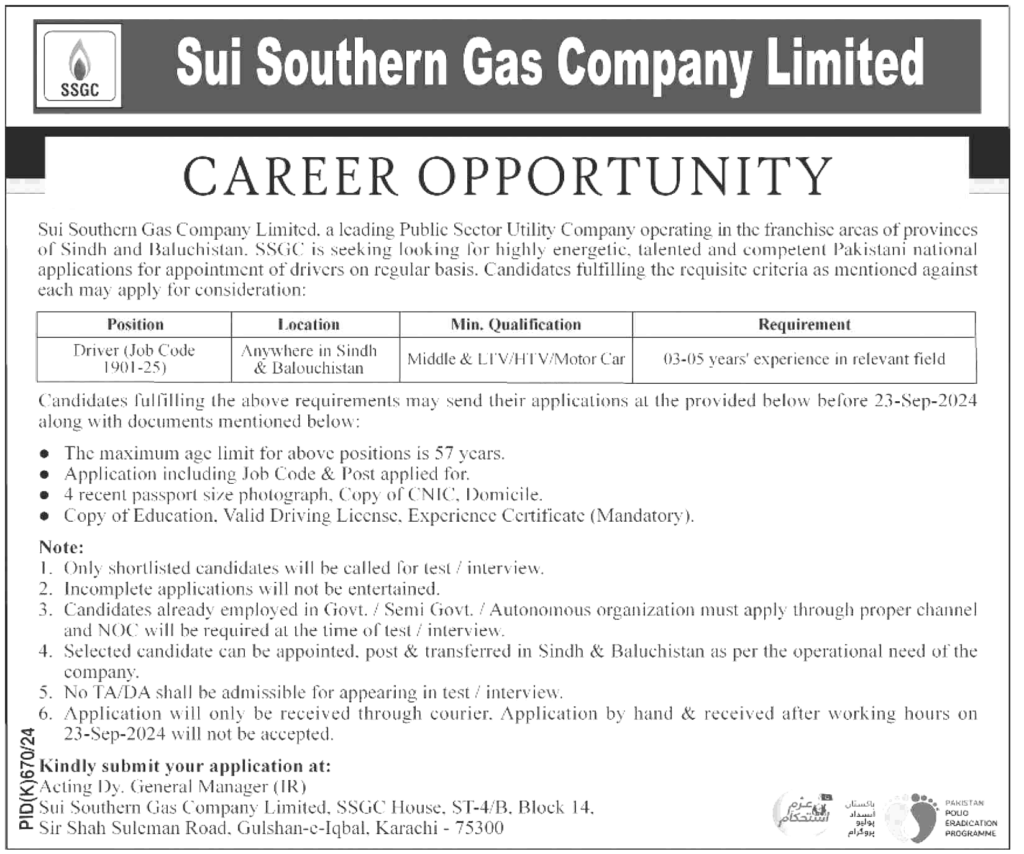 SSGC Driving Jobs Karachi