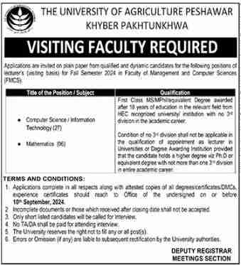 Teaching Jobs at University Of Agriculture Peshawar