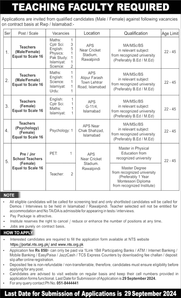 Teaching Jobs in Army Public School Islamabad