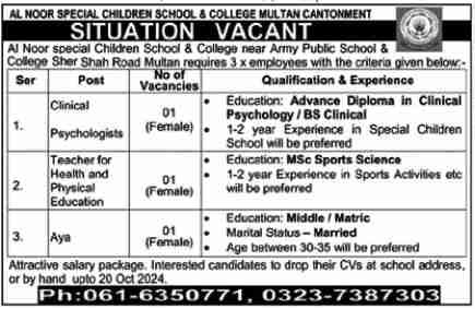 Latest Special Children School & College Jobs Multan