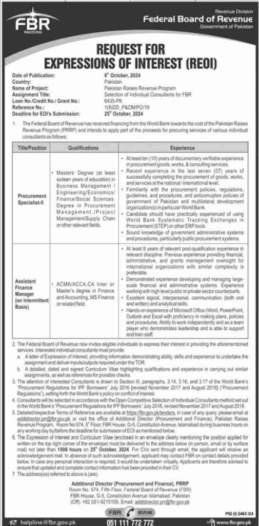 Latest Federal Board of Revenue Jobs Islamabad