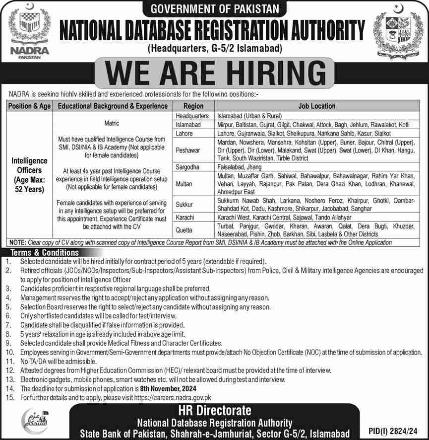 Latest Intelligence Officer Jobs at NADRA