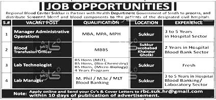 Latest Regional Blood Center Jobs Sukkur