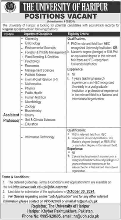 Latest Teaching Jobs In University of Haripur