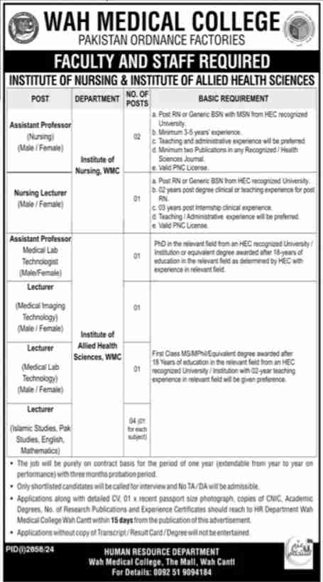 Latest Wah Medical College Jobs Wah Cantt